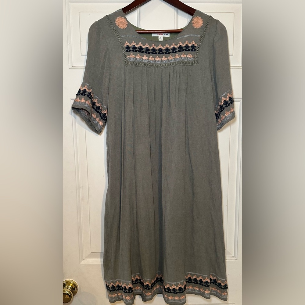 ORANGE CREEK Green Embroidered Floral Dress Womens‎ Medium Boho Peasant Lined.